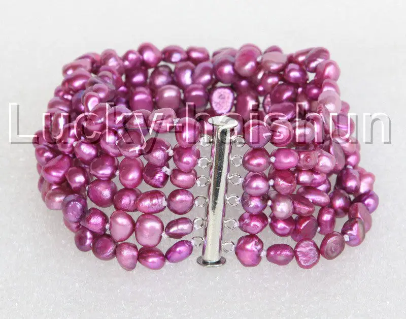 

FREE shipping 8" 8mm 6row Baroque dark purple pearls bracelet magnet clasp j11127