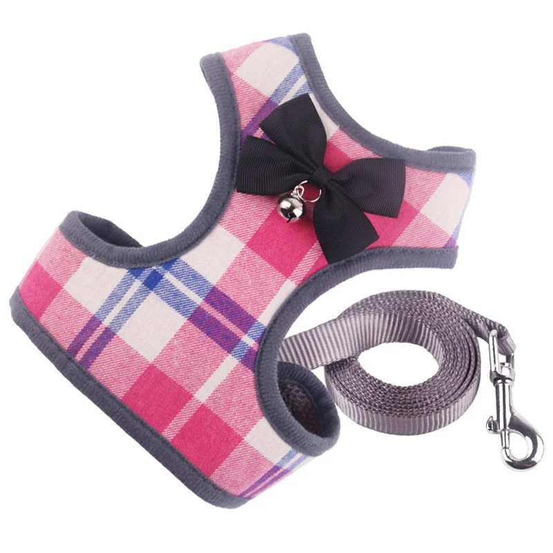 Plaid Dog Harness and Leash Set Pet Cat Vest Harness With Bowknot Mesh Padded For Small Puppy Dogs Chihuahua Yorkies Pug 10A