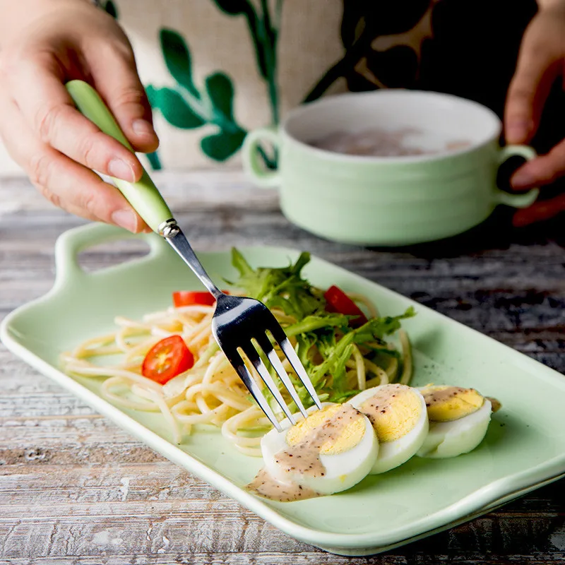 

Ceramic Bowl Dish Spoon Fork Cutlery Set Bestek Tableware Set With Two Handle Dinnerware Western Dessert Plate Food Serving Tray