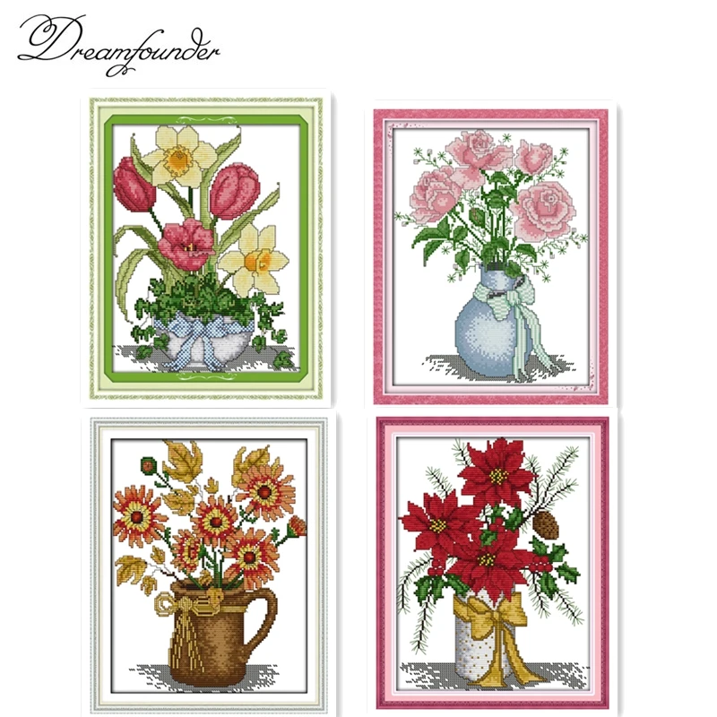 Winter vase cross stitch kit four season flower 18ct 14ct count print fabric canvas stitching embroidery DIY handmade needlework