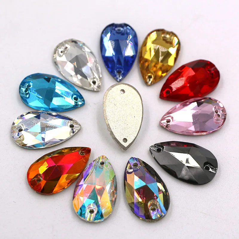 High quality flatback glass double hole crystal sew on rhinestones Teardrop shape AB color Flat buckle diy clothing accessories