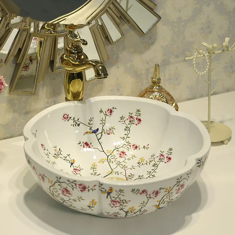 

China Painting flower and bird Ceramic Painting Art Lavabo Bathroom Vessel Sinks Round Countertop wash basin china