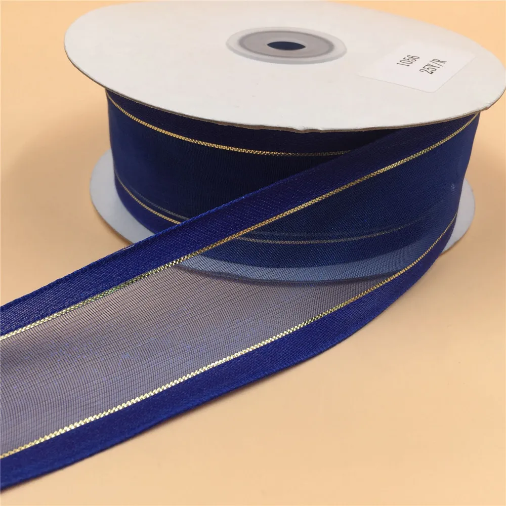 38mm X 25yards Lurex Lines Royal Blue Wired Satin Edge Organza Ribbon. Gift Bow,Wedding,Cake Wrap,Tree Decoration,Wreath N1056