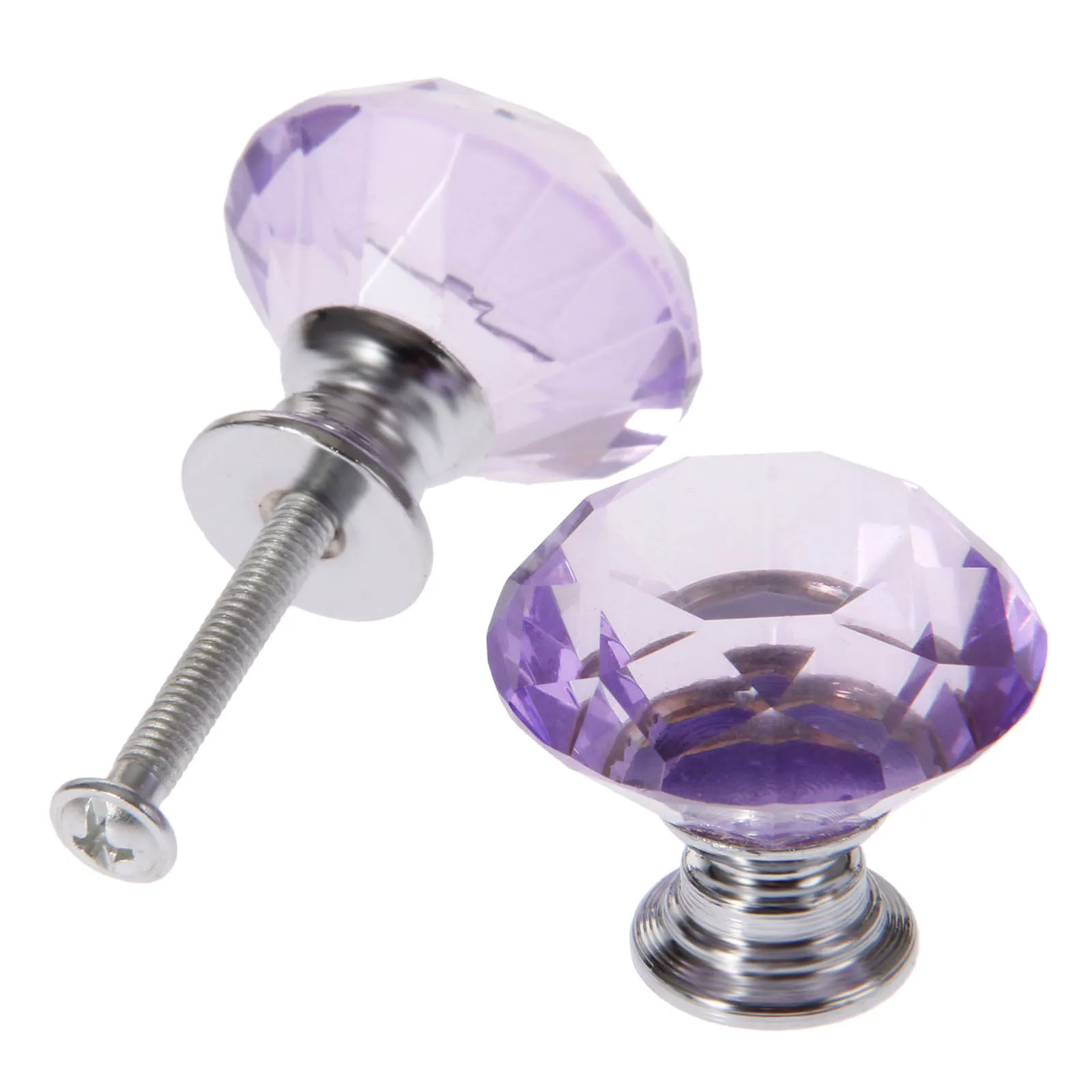 DRELD 2Pcs 30mm Diamond Crystal Drawer Pulls Glass Door Cabinet Wardrobe Pull Knobs Purple Furniture Handles + 6Pcs Screws