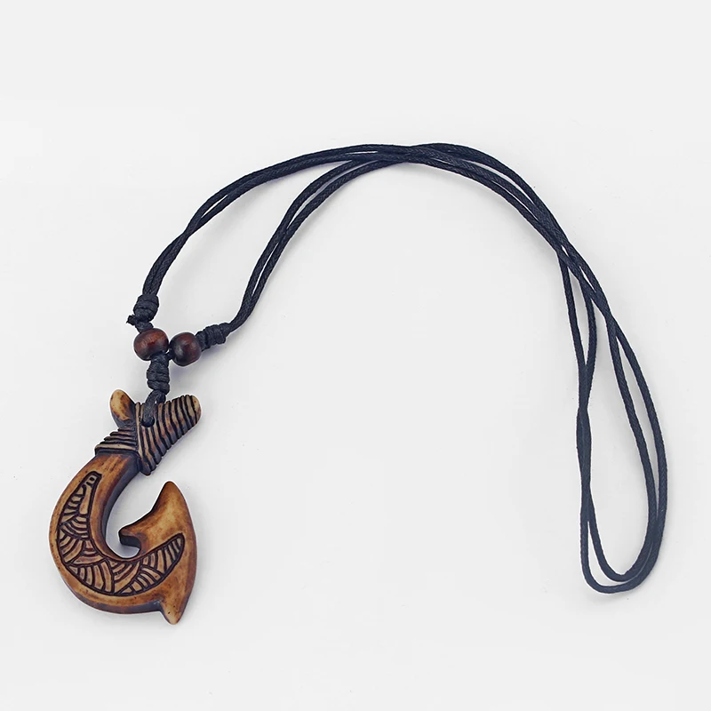 12pcs Brown Tribal Maori Fish-Hook Charms Pendants Black Wax Cord Surfer Necklace Boho Jewelry For Fashion Men Women