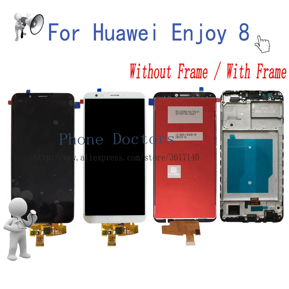 5.99'' Full LCD Display + Touch Screen Digitizer Assembly + Frame Cover For Huawei Enjoy 8 ; Black / White ; New ; 100% Tested