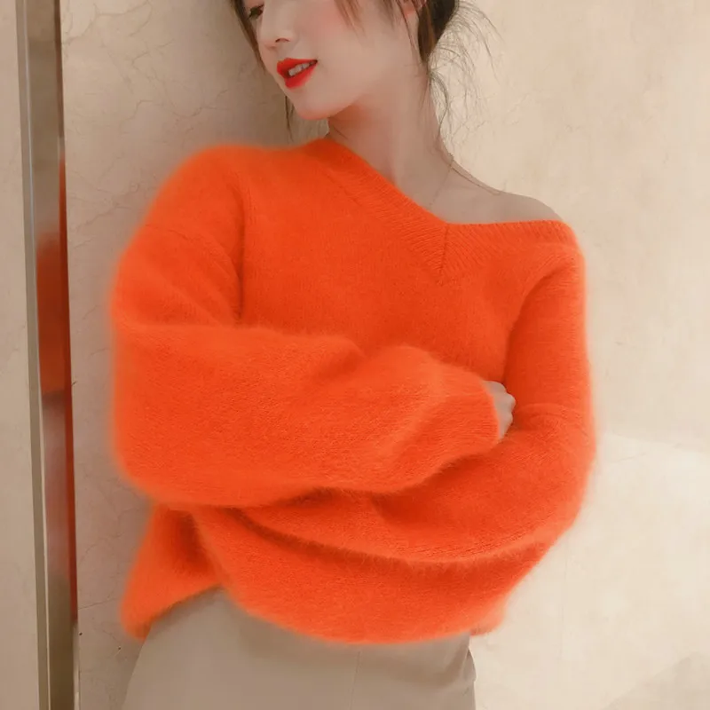 New long wool mink cashmere sweater, loose long sleeve knitted V-neck bottom shirt, free delivery S181118