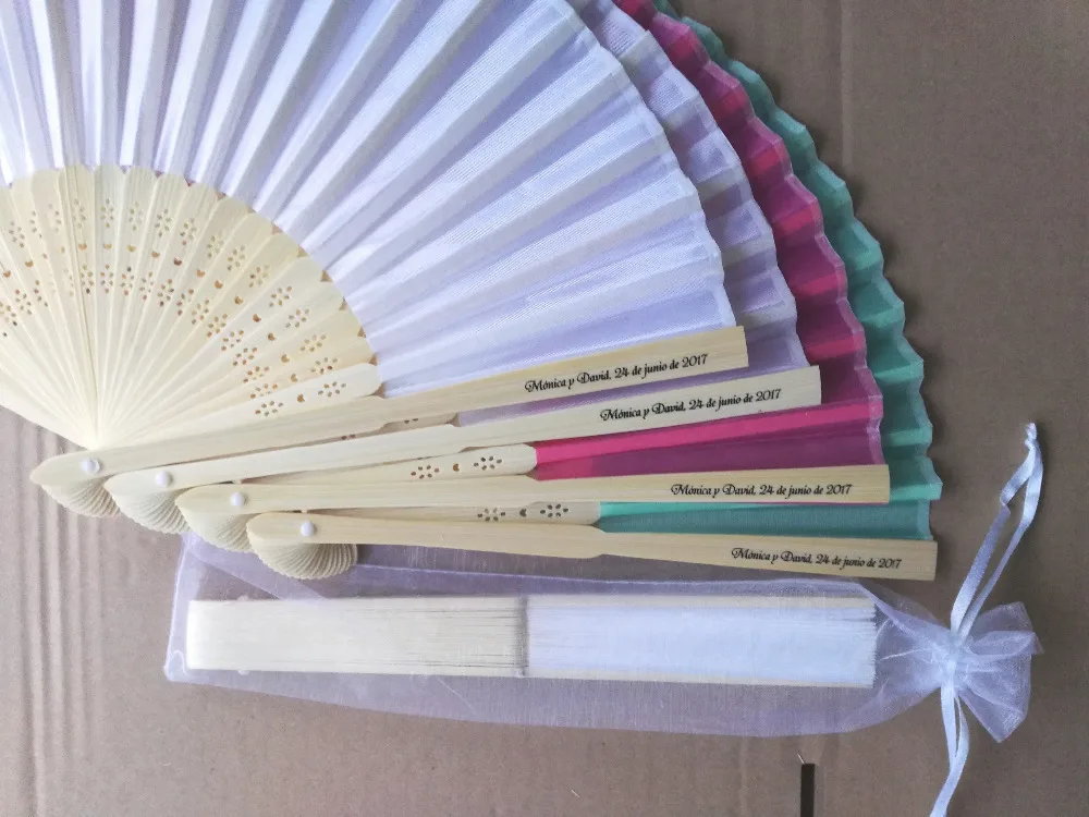 100 pcs Personalized Wedding Favors and Gifts For Guest Silk Fan Cloth Wedding Decoration Hand Folding Fans +Customized Printing