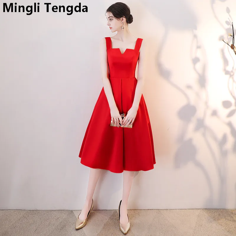 

Mingli Tengda Red V Neck Bridesmaid Dress Spaghetti Straps Bridesmaid Dresse Elegant Satin Dress Red robe demoiselle d'honneur