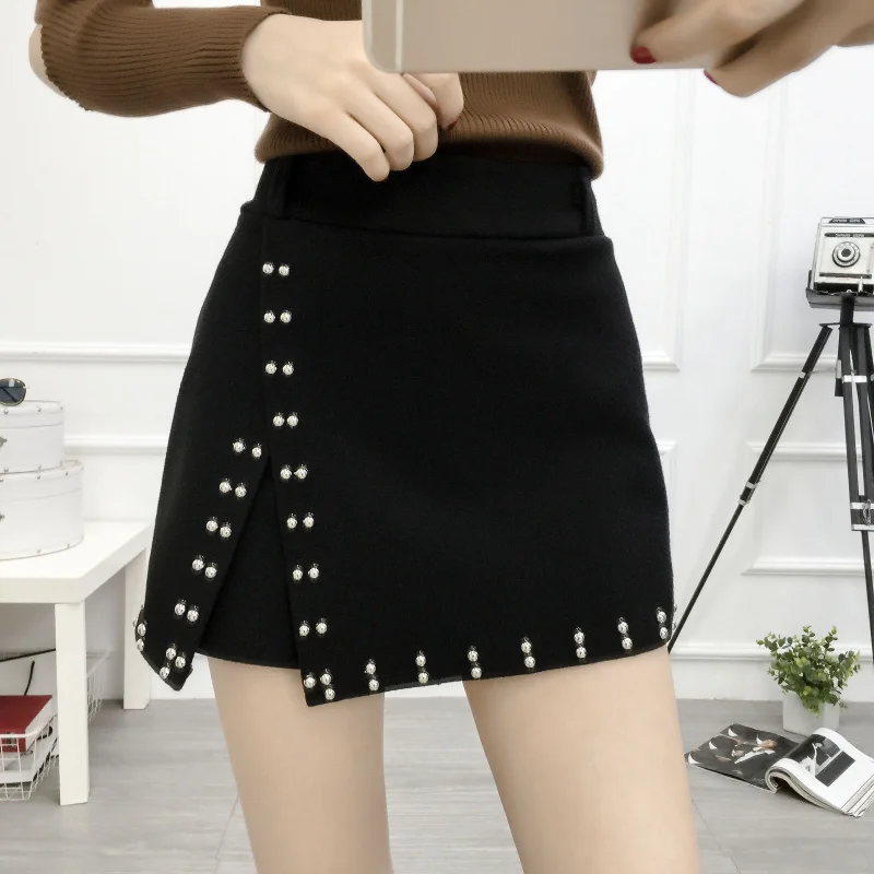 2018 Large size women's wool woolen rivet shorts skirts high waist A wide leg wear bottoming