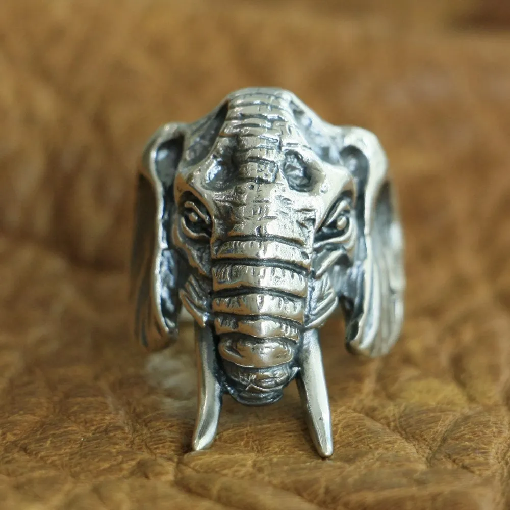 

LINSION 925 Sterling Silver High Details Elephant Ring Mens Biker Punk Ring TA120 US Size 7~15