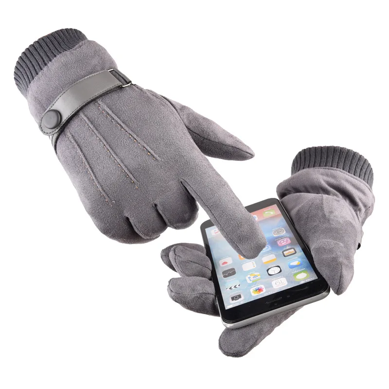 

Men Suede Leather Cashmere Three Rib Button Shrinkage Mitten Winter Double thick Plush Wrist Warm Touch Screen Driving Glove C3