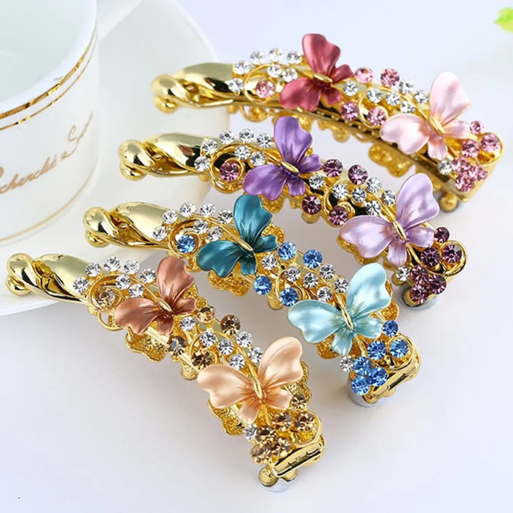 Vrouwen Legering Banaan Haar Clip Klauwen Crystal Rhiestone Vlinder Haarspeld Houder Paardenstaart Vintage Haarspeldjes Met Tanden 8Cm