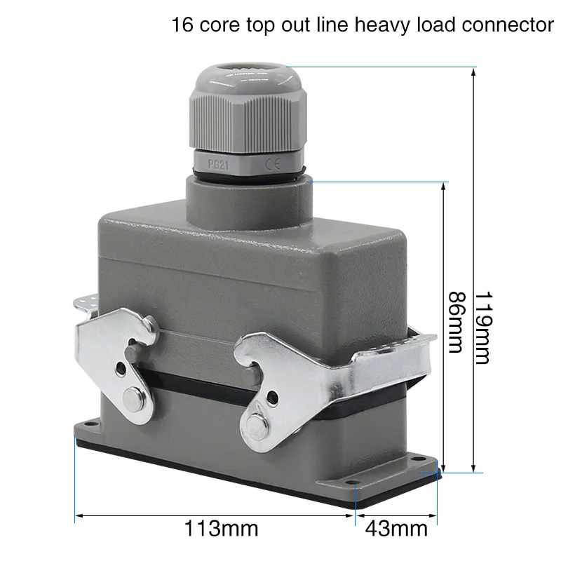 Rectangular  Heavy Duty Connector 16 Pins   line connector 16 A 500V screw feet of aviation plug on the side