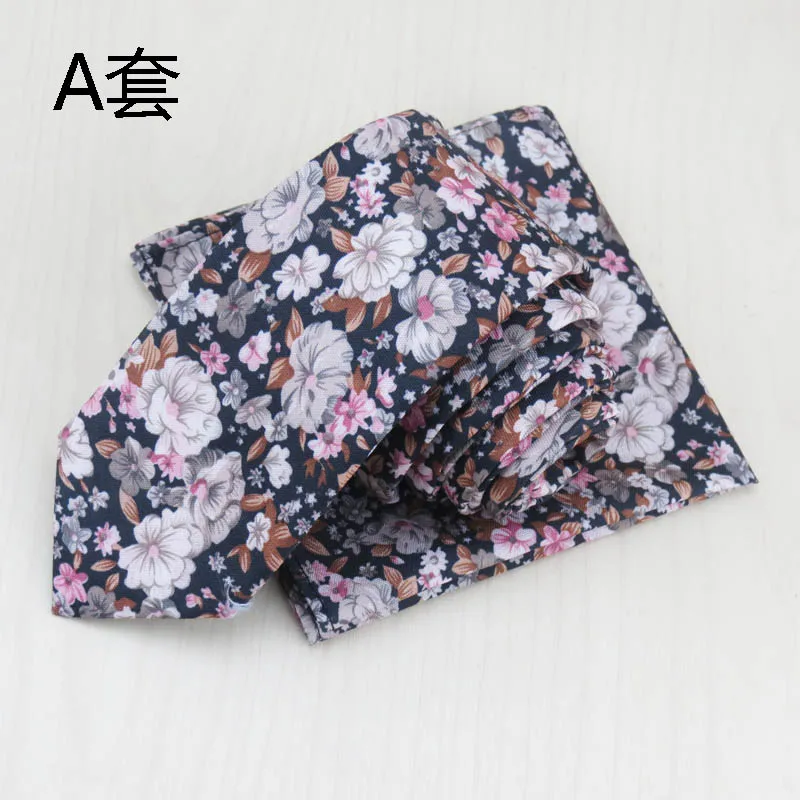 Black tie/white and pink flowers pattern necktie with square pocket towel fashion accessories for men