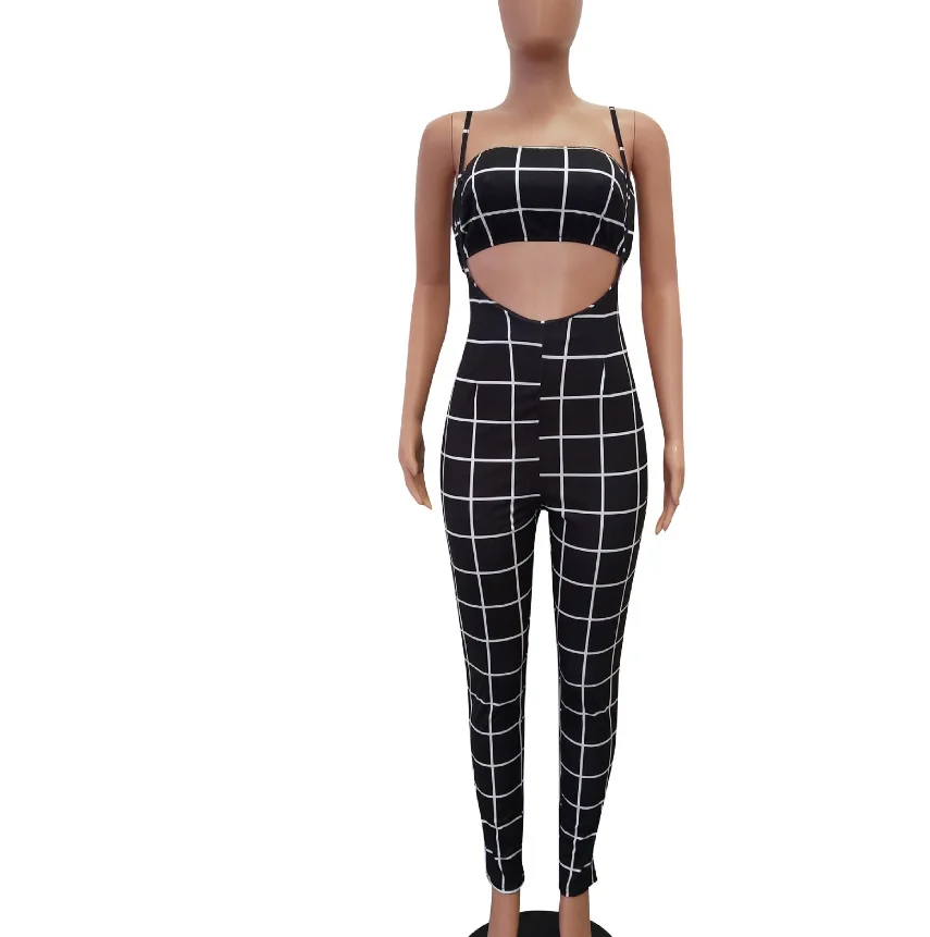 Hollow out Sexy jumpsuit Women sleeveless plaid black white two-piece suit summer playsuit rompers holiday bodycon overalls