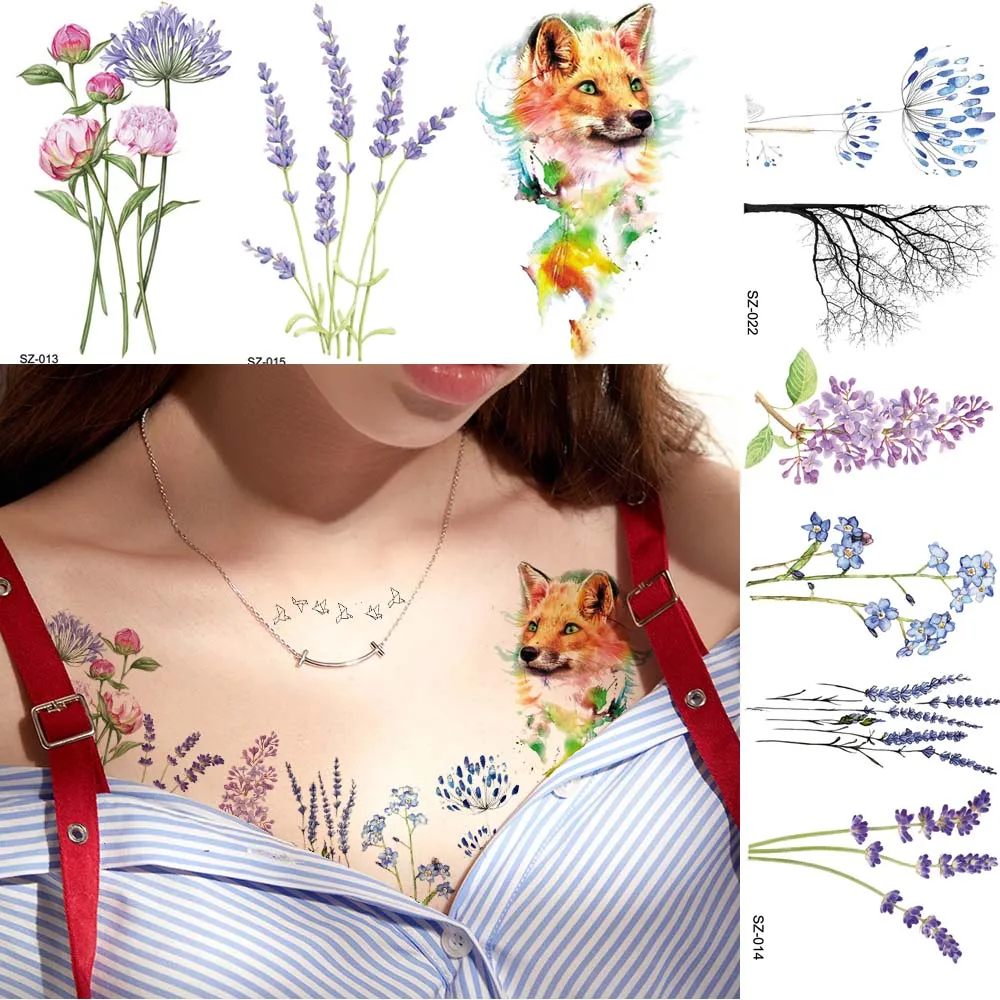 Rejaski 100 Pieces Wholesale 10x6cm Temporary Tattoo Watercolor Animal Flower Tatoos Fake Men Women Body Art 3D Tattoo Stickers