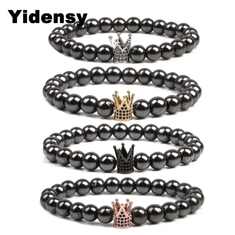 Charm Natural Stone Bracelets Golden Black Crown Men's Bracelets Healthing Hematite Beads Bracelet For Women Men Jewelry