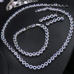 BeaQueen Dark Blue Flower Cubic Zirconia 3 Pcs Tennis Bracelet Necklace Earrings Wedding Bridal Jewelry Sets for Women JS177