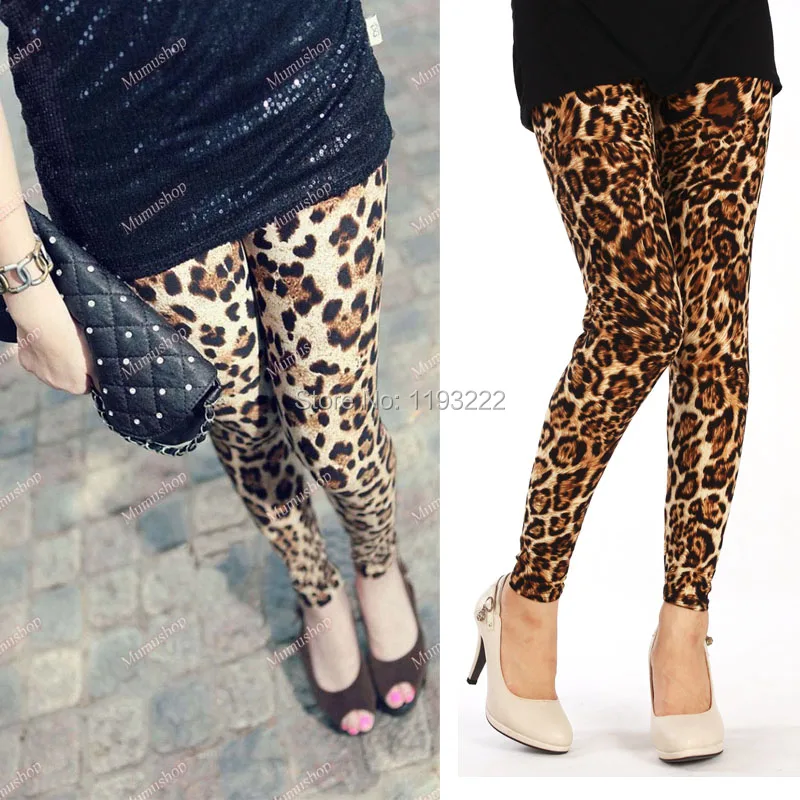 Punk Gothic Rock Fashion Summer Girl Brown Leopard Printed Fitted Slim Leggings Pants