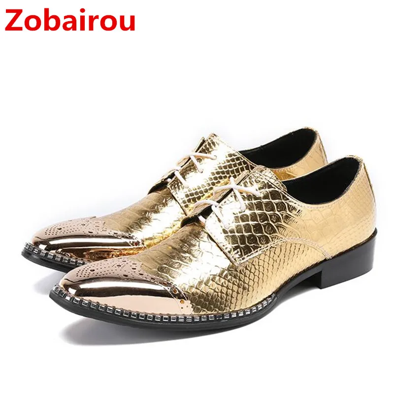 

Zobairou mens dress shoes luxury gold oxford shoes for men genuine leather flats square toe lace up formal shoes men loafers