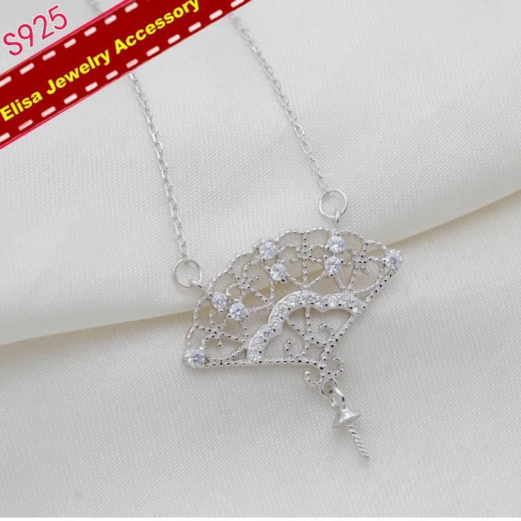 Chinese Fan Design Pendant Necklace Components S925 Sterling Silver Pearl Pendant Necklace Accessory 3Pieces/Lot