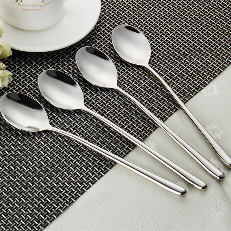 2/6/10pcs 8.7\'\' 22cm Long handle Korean Soup Spoon Stainless steel Round Dinner spoons Hollow Handle Household Dinnerware set