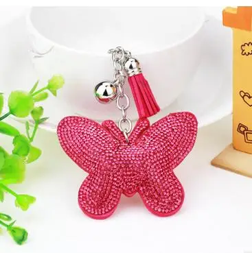 

10pcs/lot korean style woman rhinestone keychain lady crystal leather butterfly key ring bag pendant
