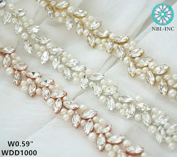 (10 YARDS) Wholesale pearl rhinestone applique trim gold bridal beaded crystal trim silver iron on for wedding dress WDD1000