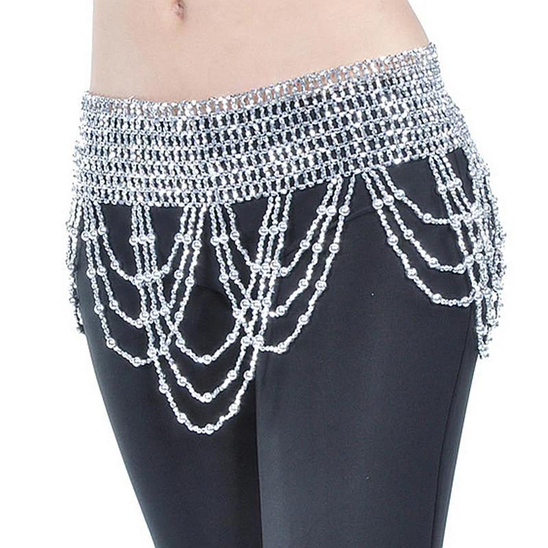 Women Belly Dance Costume Accessories Fringes Hip Scarf Stretchy Thread Wrap Skirt with Round Beads Belt