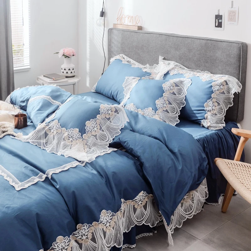 Lace Embroidered Princess Bedding Set Luxury Blue Quilted Pure Cotton Duvet Cover Bed Skirt Linen Pillowcases Home Textile