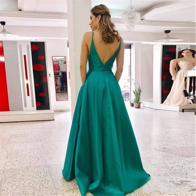 Robe De soiree De forme trapeze tenue De soiree De standing Robe longue dos nu Satin vert chasseur avec poches bretelles Spaghetti 2019