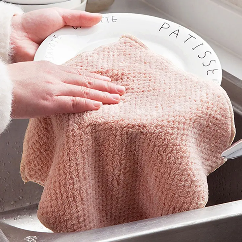 Super Absorbent Clean Cloth Coral Fleece Kitchen Clean Towel Light Pink Light Blue Beige 3 Colors Sink Wipe For Home