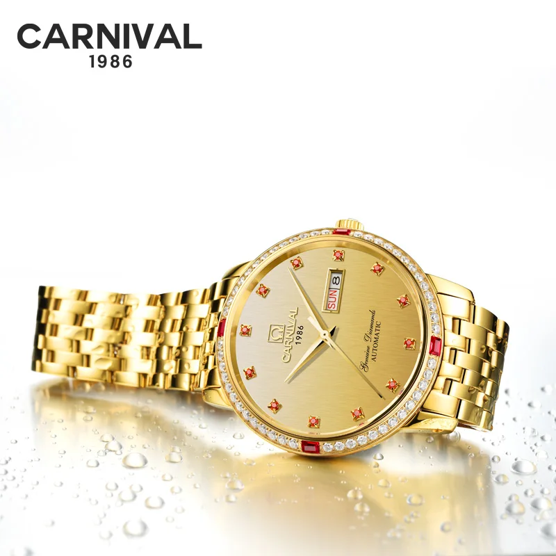 Carnival Men Automatic Watch Golden Color Date Day With Rhinestone Luxury Mechanical Watch Gift