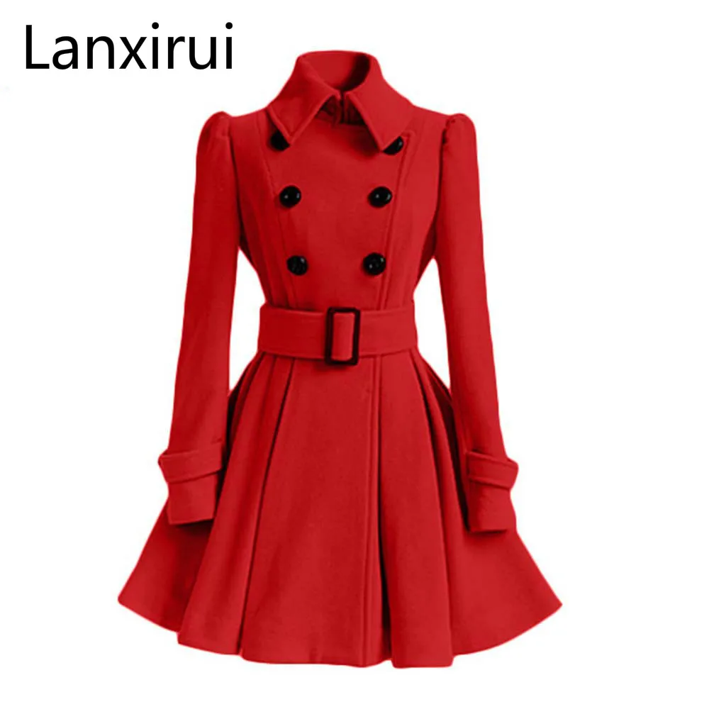 

Women Trench Coat Winter Belt Buckle TrenchCoat Double-Breasted Vintage Coat Casual Windbreaker Woolen Blend Outwear Cloak