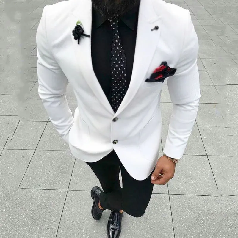 

Latest Coat Pant Designs White Men Suits Blazers Casual Groom Wedding Tuxedos Slim Fit Bridegroom Wear 2piece Evening Prom Party