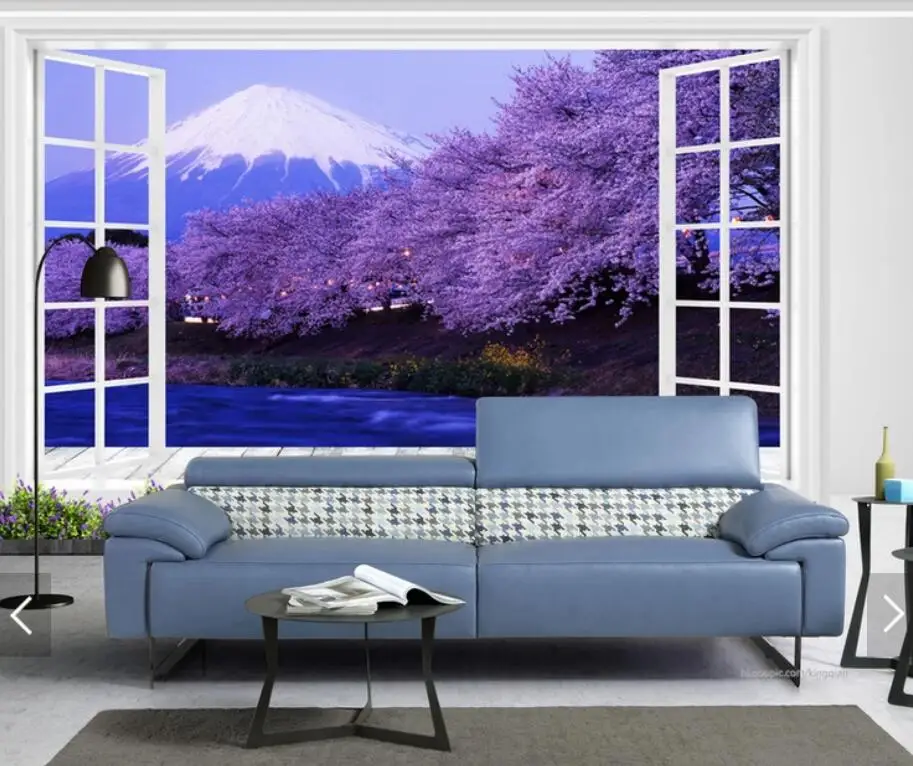 Mount Fuji Cherry Blossom Window Wall Mural Photo paper for Living Room Backdrop  Paper  Decor Sakura Floral Murals