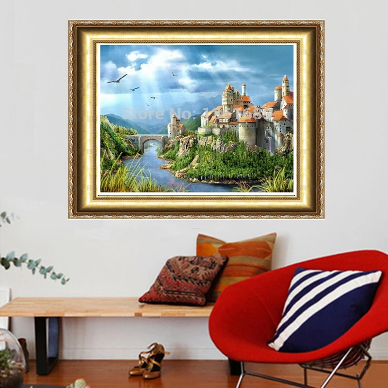 Diy Diamond Painting Castle On A Hilltop 50x40 Cm Painting Resinstone Square Full Diamond Painting Sets Arch Bridge Village