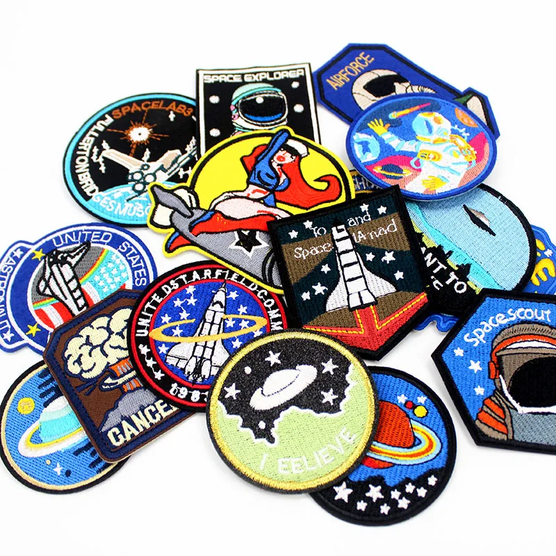 Spaceship Astronaut Rocket Iron Patches Badges Embroidery Fashion Cool Space Applique for Kids Clothes Decoration