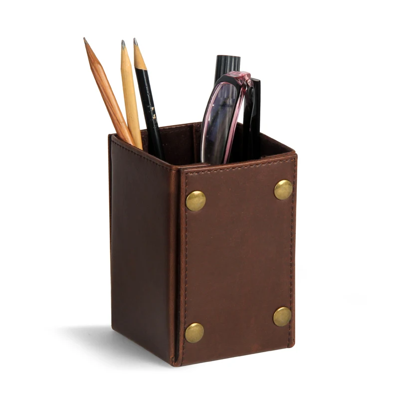 Customized Vintage Brown PU Leather Pen Stands European Style Foldable Pen Holders Button Pen Pots Folding Buckle Pen Boxes