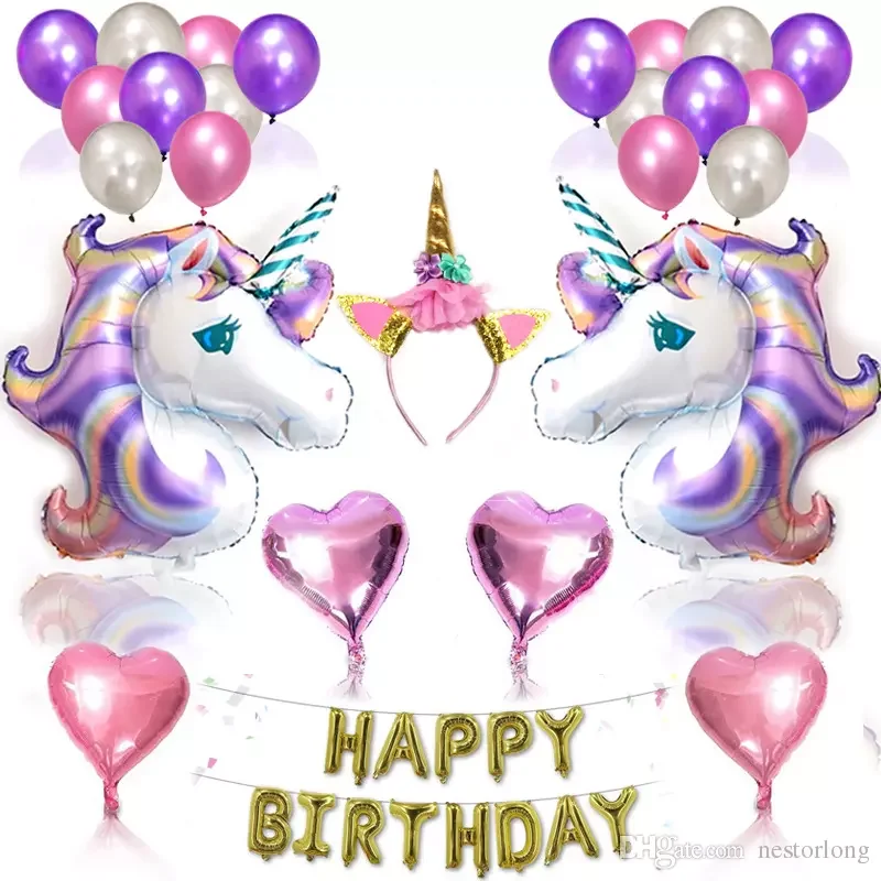 

1 set Unicorn Party Supplies Set With Glitter Unicorn Headband for Kids Birthday Decorations Happy Birthday Banner Latex & Foil