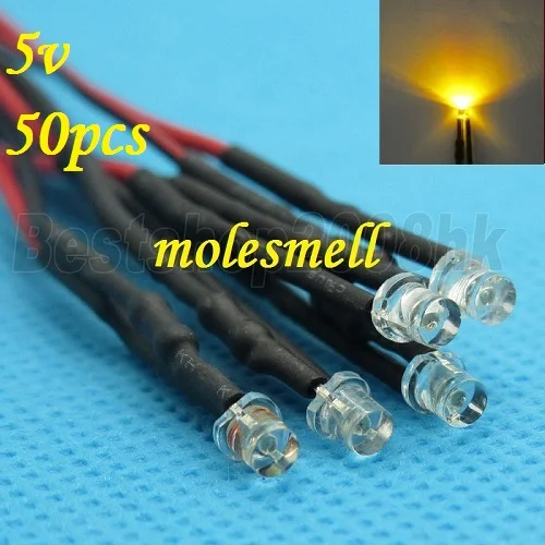 Juego de luces LED amarillas de 50 piezas, 3mm, 5v, precableadas, 3mm, 5V, CC, 3mm, gran angular, 5v