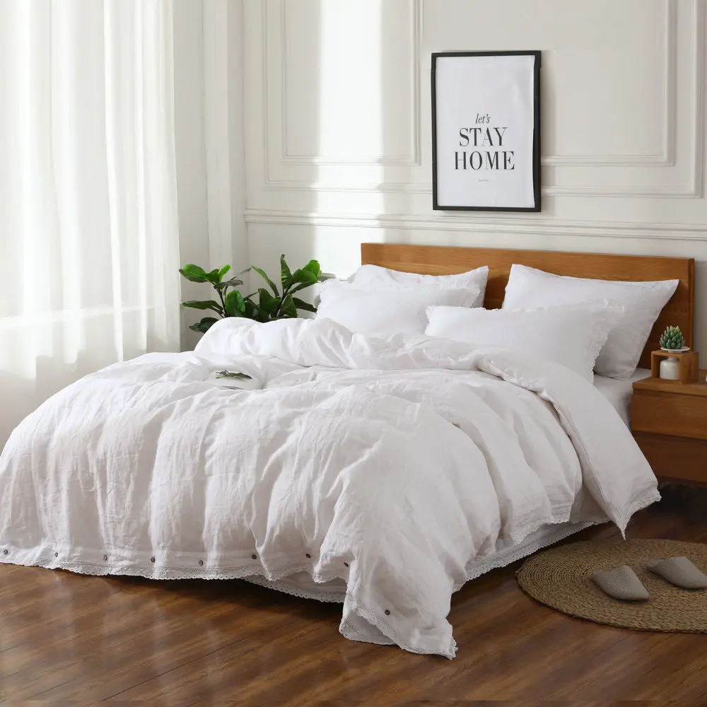 White Lace Edge100% Pure Line Bedding Set  Waterwash Linen Good Handfeel Free Shipping