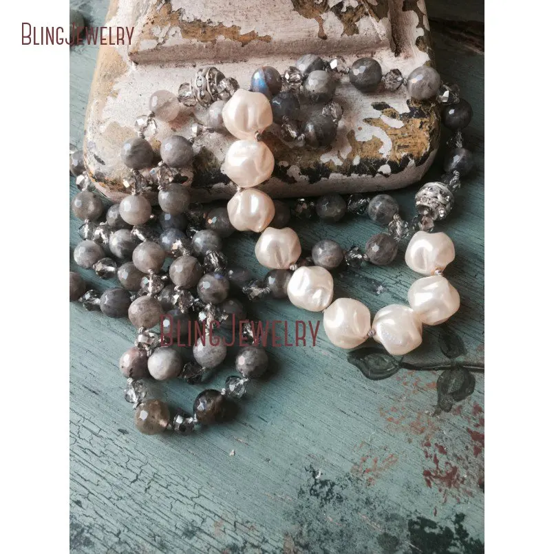 Boho Chic Knot Labrodorite Beads and Pearls  Necklace Layering   NM15573