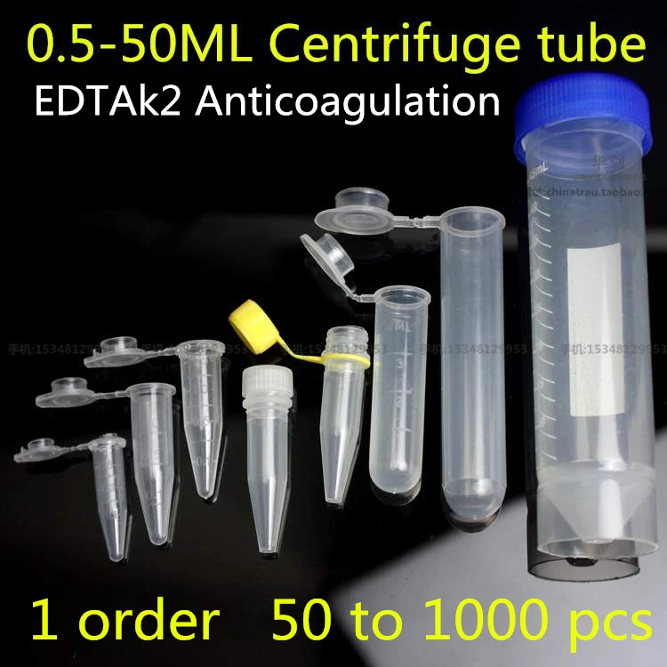 

Медицинская центрифужная трубка 0,5 1,5 4 10 15 50 мл, объём пластиковых бутылок с закручивающейся крышкой, прозрачный контейнер, антикоагуляция EDTAK2