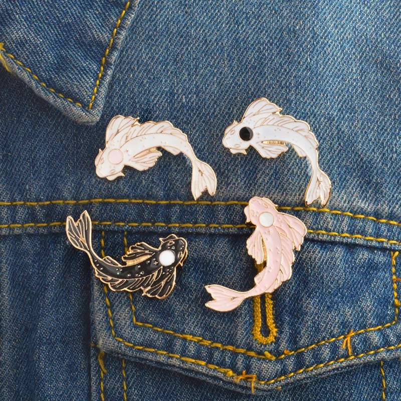 Black and white Koi Pin Japanese Koi Bring good luck Fish Enamel Lapel Pins Badges Animal Pins Brooches women Jewelry Party gift