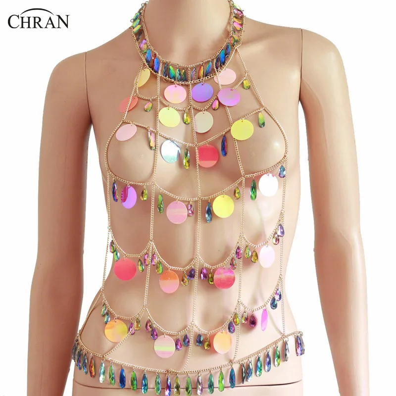 Chran Sexy Mesh Full Body Chain Halter Necklace Burning Man Rave Outfit Sequin Chain Bralette Festival Dance Wear Jewelry