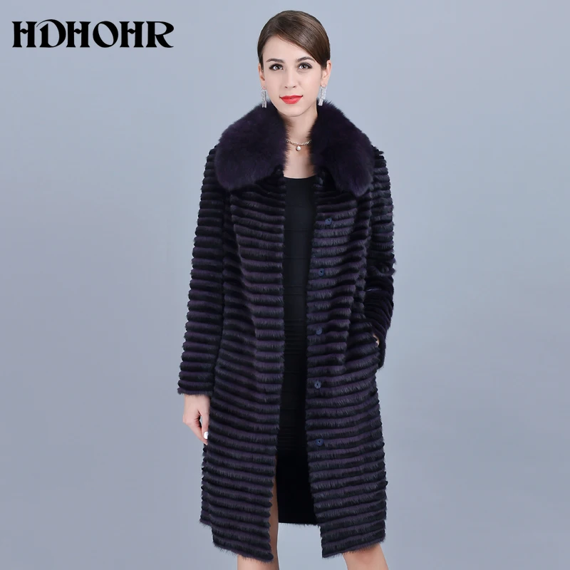 HDHOHR 2023 High Quality Real Mink Fur Coat Women Natural Fur Coats Noble Purple Fox Fur Collar Genuine Leather Long Jackets