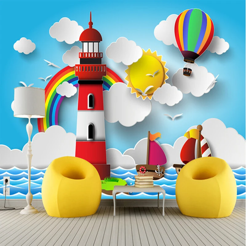 

Custom papel DE parede infantil,lighthouse, rainbow, the sun murals for children room bedroom setting wall waterproof wallpaper