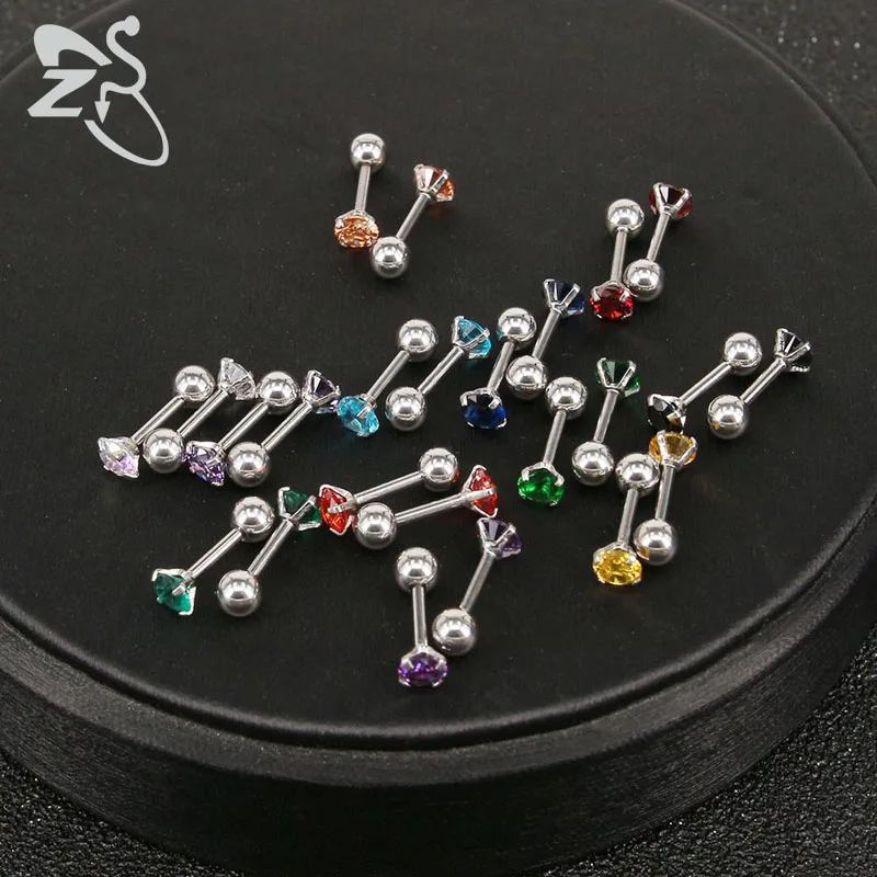 ZS 24 Pcs/lot Colorful Cubic Zirconia Ear Studs 316L Stainless Steel Stud Earrings for Women Ear Tragus Helix Cartilage Piercing